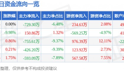 股票行情快报:岳阳林纸(600963)4月8日主力资金净卖出729.30万元