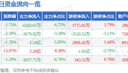 股票行情快报:润欣科技(300493)9月25日主力资金净卖出6582.61万元