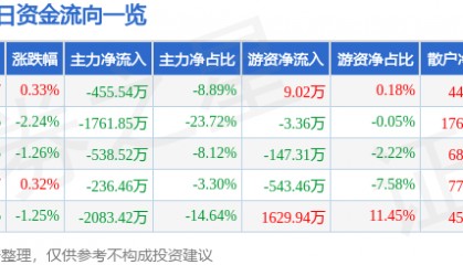 股票行情快报:国创高新(002377)8月1日主力资金净卖出455.54万元