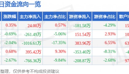 股票行情快报:国创高新(002377)6月16日主力资金净买入24.00万元