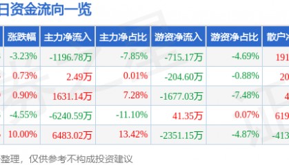 股票行情快报:三变科技(002112)12月13日主力资金净卖出1196.78万元