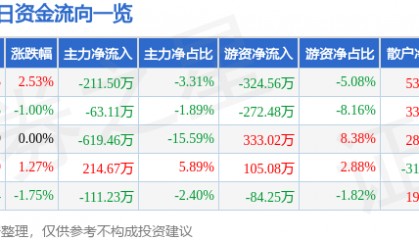 股票行情快报:飞乐音响(600651)5月29日主力资金净卖出211.50万元