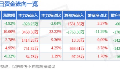瑞泰科技(002066)8月21日主力资金净卖出928.23万元