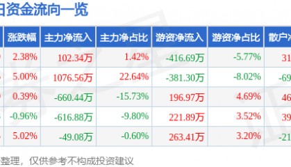 股票行情快报:*ST东晶(002199)5月12日主力资金净买入102.34万元