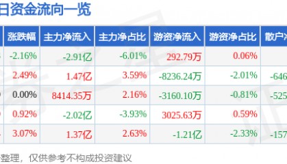 股票行情快报:紫光股份(000938)2月13日主力资金净卖出2.91亿元
