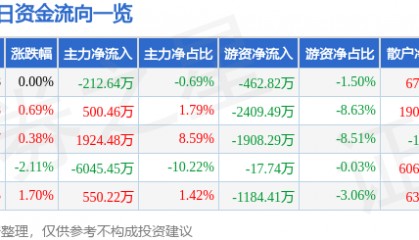 股票行情快报:国投电力(600886)12月13日主力资金净卖出212.64万元