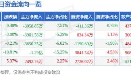 股票行情快报:焦点科技(002315)12月26日主力资金净卖出3958.85万元