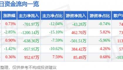 股票行情快报:六国化工(600470)2月19日主力资金净卖出701.97万元
