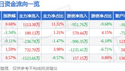 股票行情快报:陕西能源(001286)4月30日主力资金净买入1113.38万元