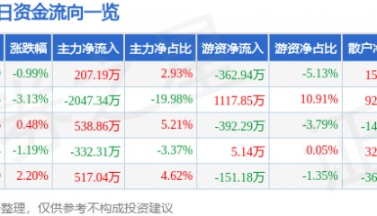 股票行情快报:宁波建工(601789)1月13日主力资金净买入207.19万元