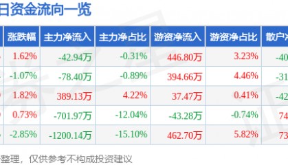 股票行情快报:六国化工(600470)2月24日主力资金净卖出42.94万元