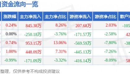 股票行情快报:渝开发(000514)1月21日主力资金净买入845.38万元
