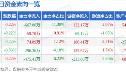 股票行情快报:陕西能源(001286)5月19日主力资金净卖出667.80万元