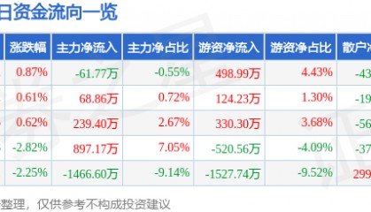股票行情快报:三变科技(002112)12月20日主力资金净卖出61.77万元