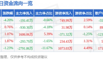 股票行情快报:电广传媒(000917)1月10日主力资金净卖出191.41万元
