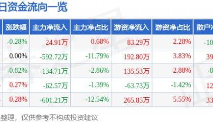 股票行情快报:华联控股(000036)8月8日主力资金净买入24.91万元
