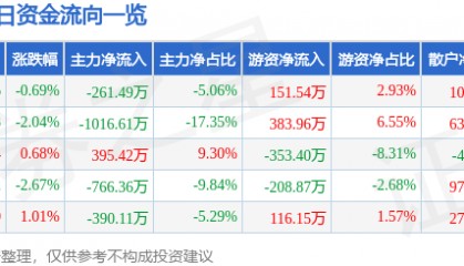 股票行情快报:国创高新(002377)6月13日主力资金净卖出261.49万元
