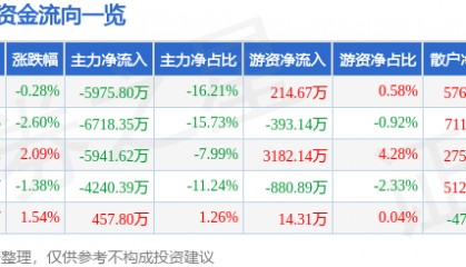 股票行情快报:黑芝麻(000716)2月26日主力资金净卖出5975.80万元