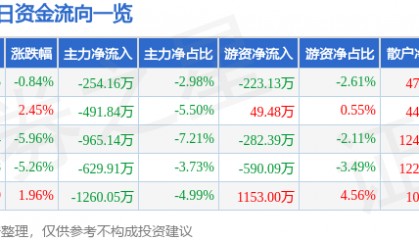 股票行情快报:海南椰岛(600238)1月8日主力资金净卖出254.16万元