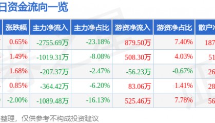 股票行情快报:中材节能(603126)2月10日主力资金净卖出2755.69万元