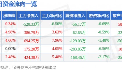 股票行情快报:*ST东晶(002199)5月21日主力资金净卖出528.33万元