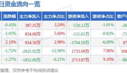 股票行情快报:黑猫股份(002068)3月20日主力资金净买入387.25万元