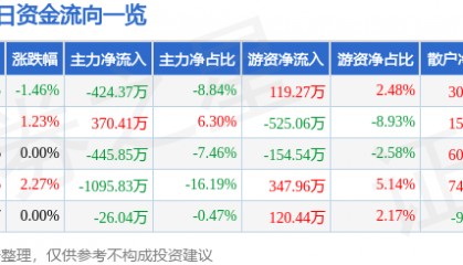 股票行情快报:飞乐音响(600651)5月9日主力资金净卖出424.37万元