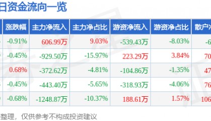 股票行情快报:岳阳林纸(600963)4月16日主力资金净买入606.99万元