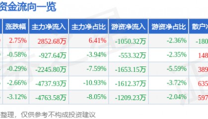 股票行情快报:黑芝麻(000716)3月6日主力资金净买入2852.68万元