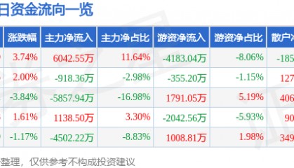 股票行情快报:安泰科技(000969)2月6日主力资金净买入6042.55万元