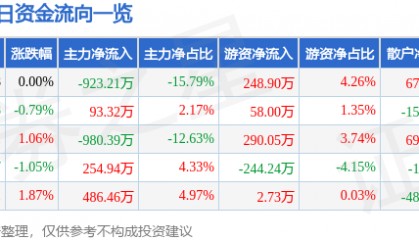 股票行情快报:华联控股(000036)7月28日主力资金净卖出923.21万元