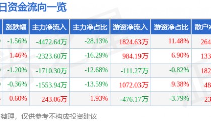 股票行情快报:东北证券(000686)12月25日主力资金净卖出4472.64万元