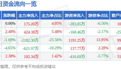 股票行情快报:*ST东晶(002199)5月16日主力资金净买入175.20万元