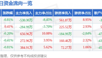 股票行情快报:三友化工(600409)5月28日主力资金净卖出530.30万元