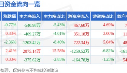 股票行情快报:东湖高新(600133)5月13日主力资金净卖出540.98万元
