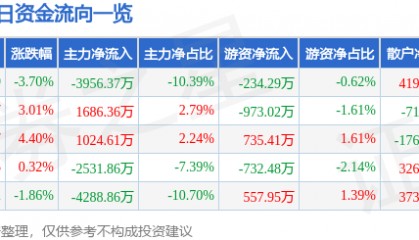 股票行情快报:海南椰岛(600238)12月13日主力资金净卖出3956.37万元