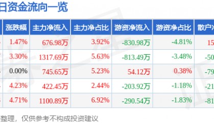 股票行情快报:华联控股(000036)8月15日主力资金净买入676.98万元