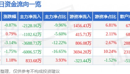 股票行情快报:黑猫股份(002068)3月11日主力资金净卖出2128.16万元