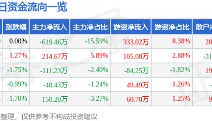 股票行情快报:飞乐音响(600651)5月27日主力资金净卖出619.46万元