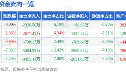 股票行情快报:黑芝麻(000716)2月7日主力资金净卖出2926.56万元