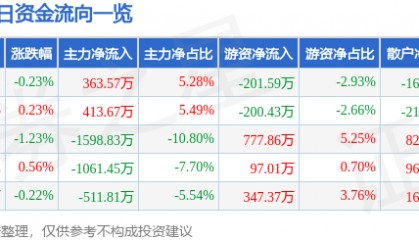 股票行情快报:陕西能源(001286)7月17日主力资金净买入363.57万元