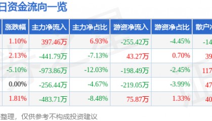 股票行情快报:海南椰岛(600238)11月26日主力资金净买入397.46万元