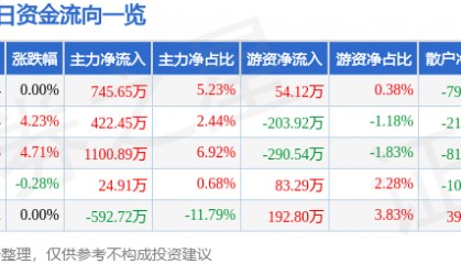 股票行情快报:华联控股(000036)8月13日主力资金净买入745.65万元