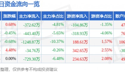 股票行情快报:岳阳林纸(600963)4月14日主力资金净卖出372.62万元