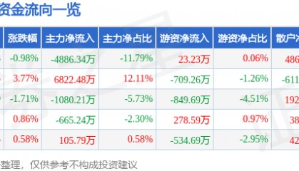 股票行情快报:黑芝麻(000716)3月17日主力资金净卖出4886.34万元