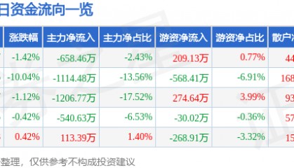 股票行情快报:海南椰岛(600238)1月21日主力资金净卖出658.46万元