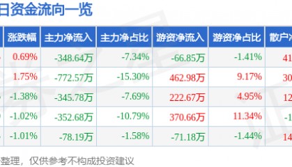股票行情快报:国创高新(002377)5月27日主力资金净卖出348.64万元