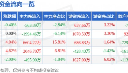 股票行情快报:动力源(600405)8月20日主力资金净卖出563.39万元