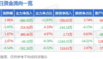 股票行情快报:华联控股(000036)7月24日主力资金净卖出980.39万元