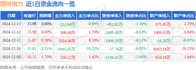 股票行情快报：国投电力（600886）12月13日主力资金净卖出212.64万元